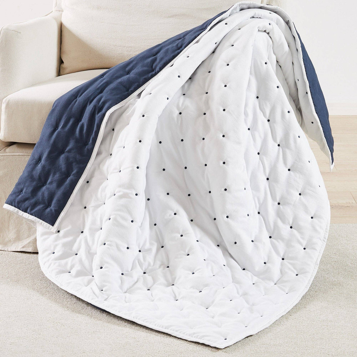 Embroidered Swiss Dot Navy Quilted Throw