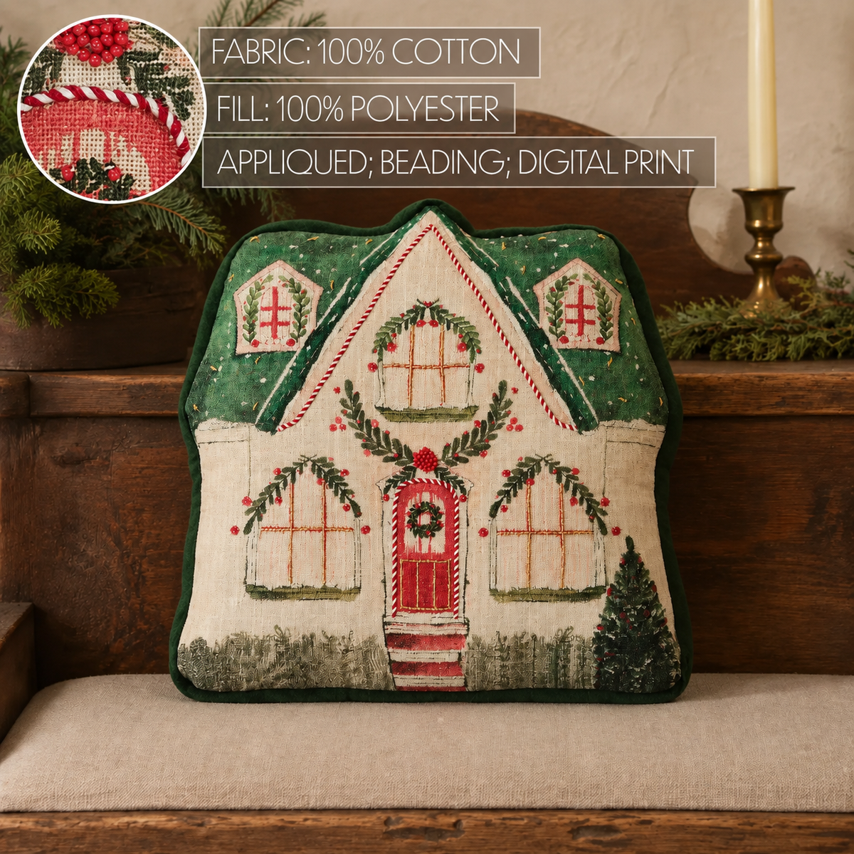 Christmas Cottage Shaped Pillow Beaded