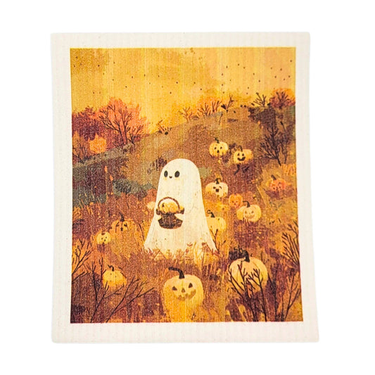 Ghost Pumpkin Picking Halloween Swedish Dishcloth
