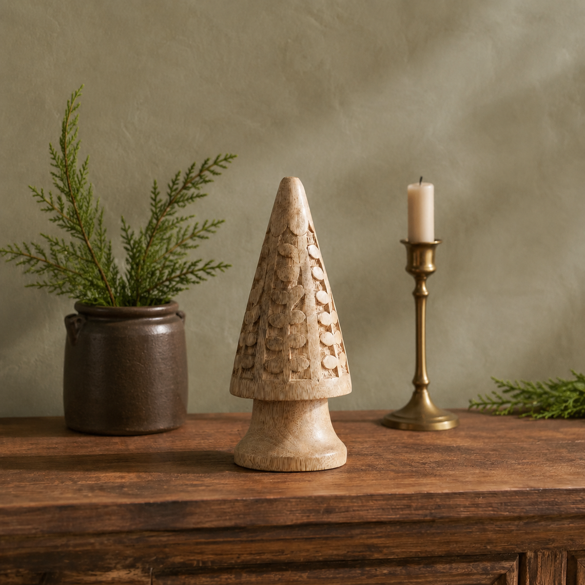 Natural Carved Wooden Christmas Tree | Small