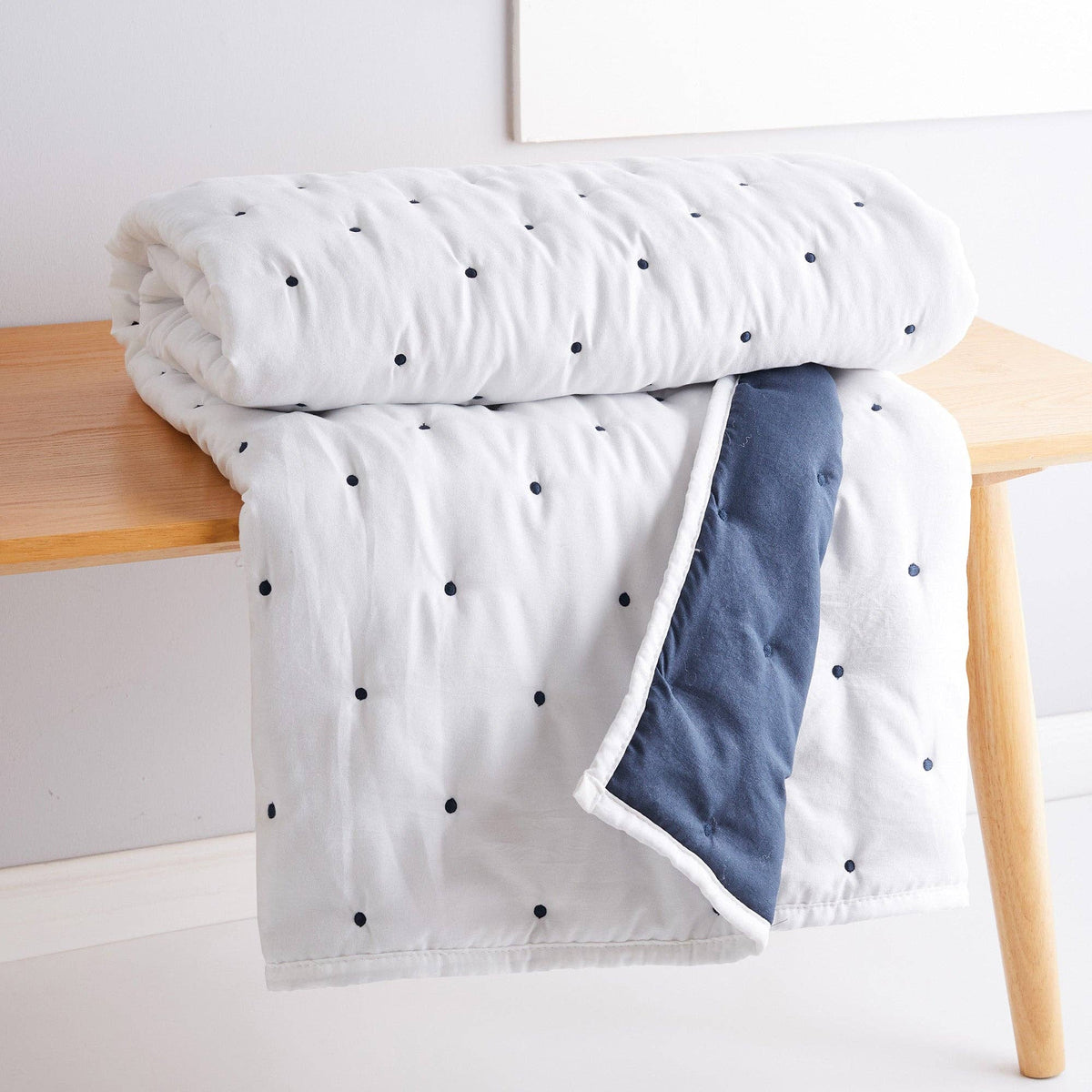 Embroidered Swiss Dot Navy Quilted Throw